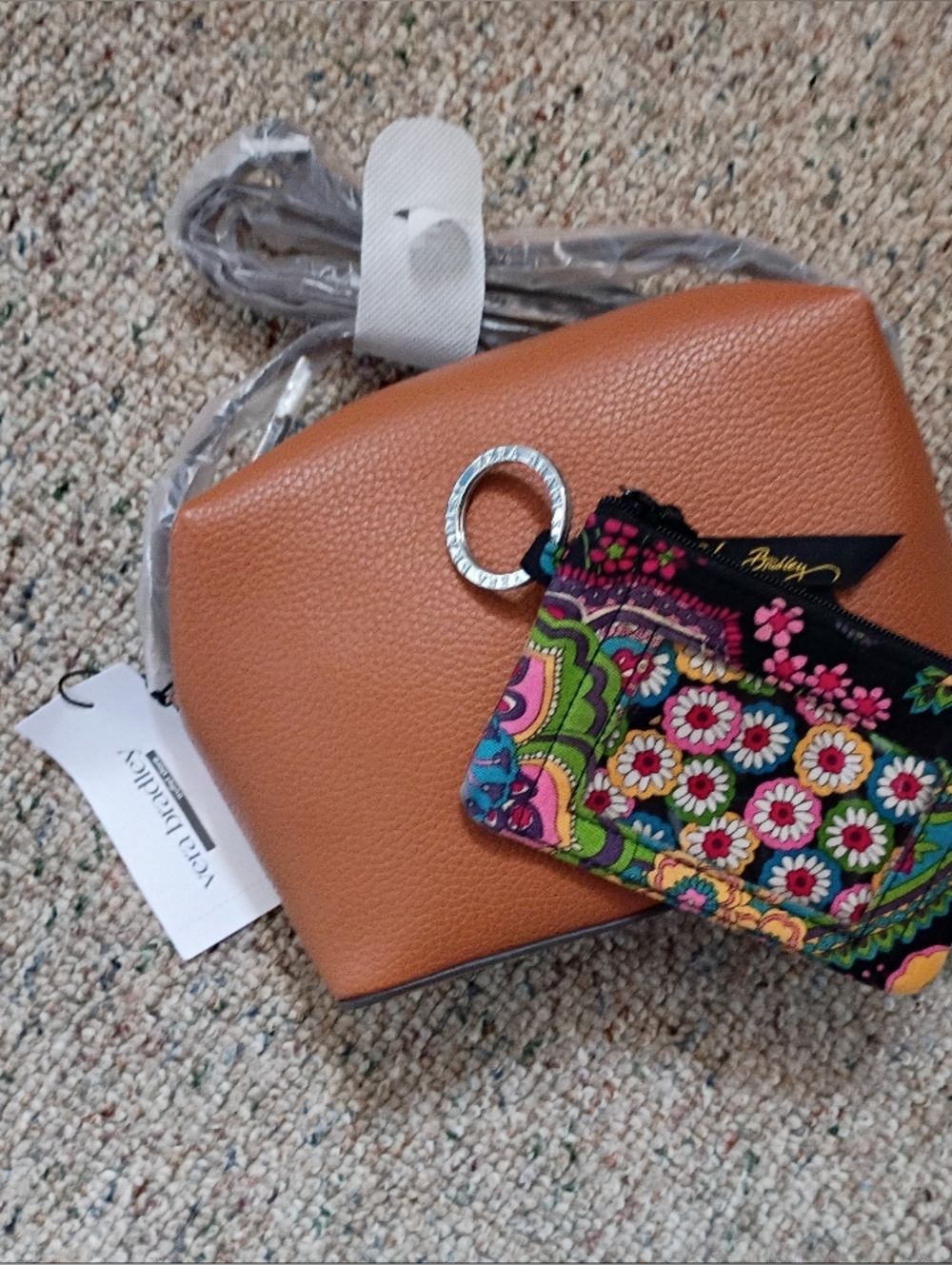 Vera Bradley Tan Pebbled Crossbody Purse with Floral Card holder Keychain